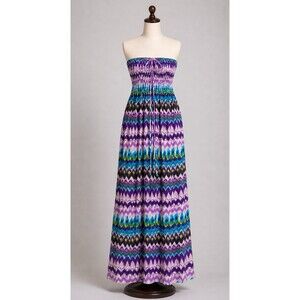 Isla Bonita Beach Maxi Dress OS Smocked Halter Abstract Beaded Tie Stretch